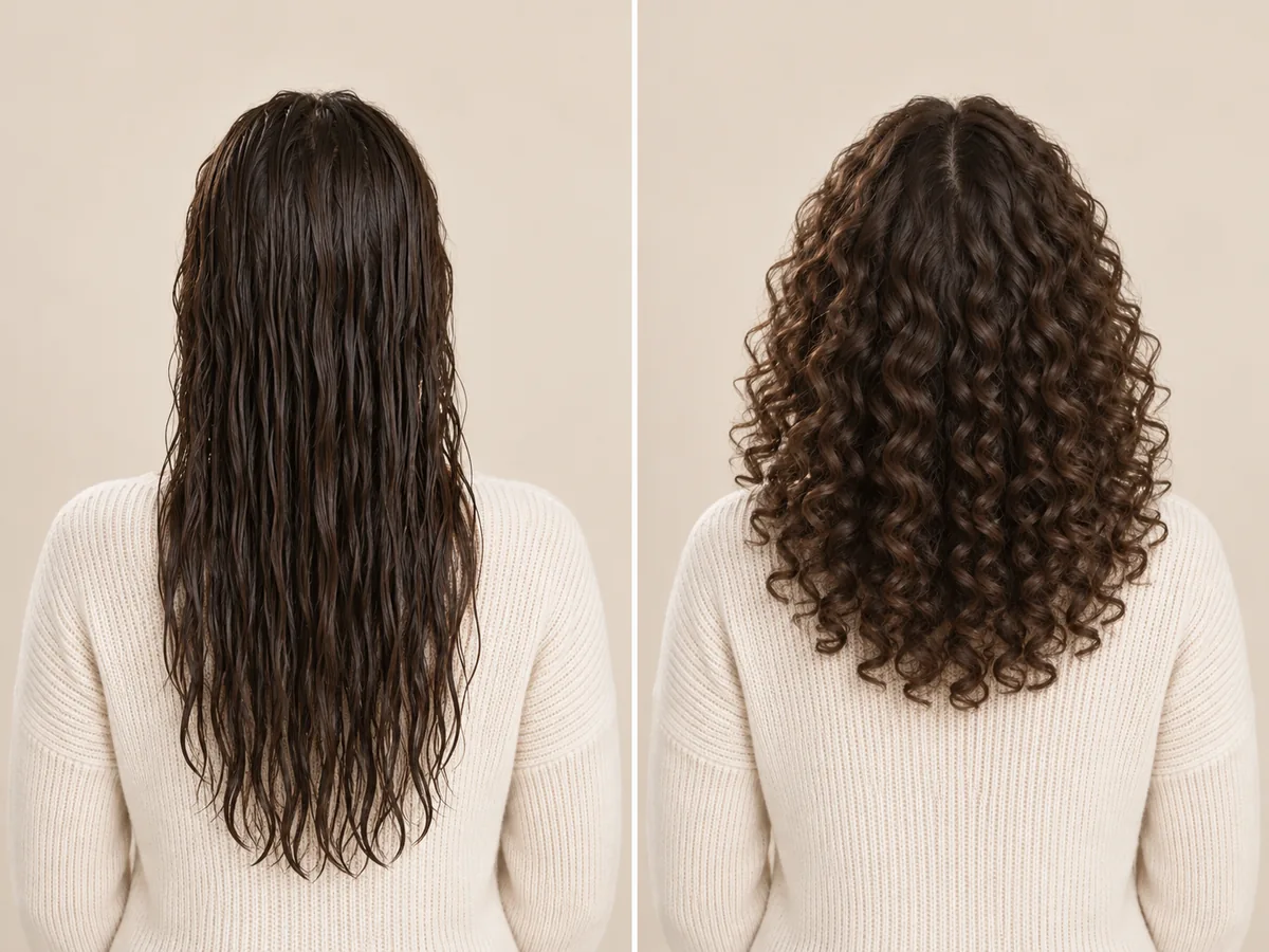 Two views of the same woman's curls: combed-out wet hair hanging long, then the dried curls sitting much shorter.
