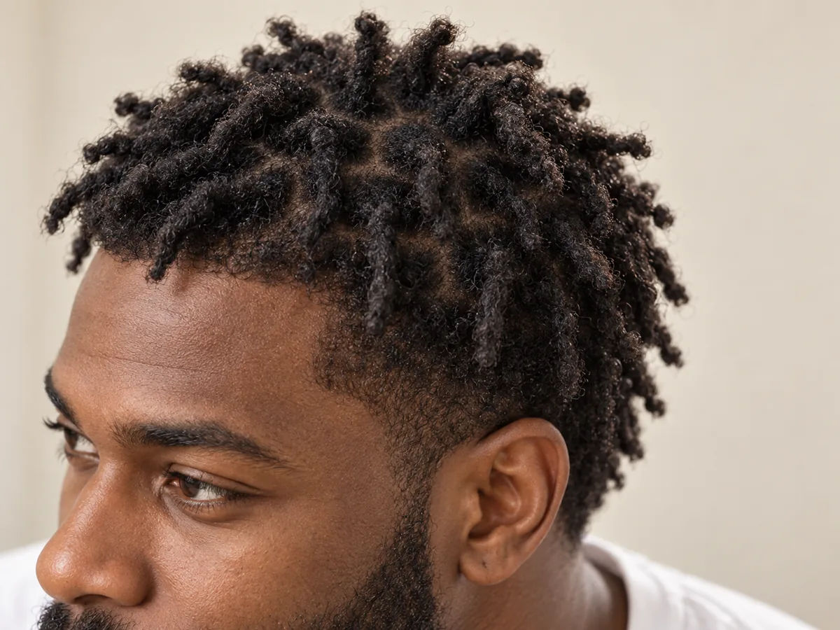 Close-up of young locs in the budding stage, with soft frizz and small bumps forming along each loc.