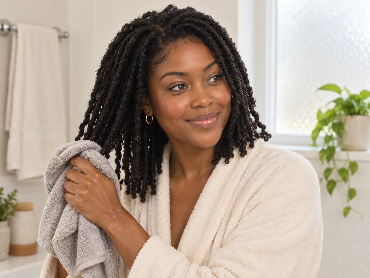 A woman gently squeezes water out of her shoulder-length locs with a microfiber towel after washing.