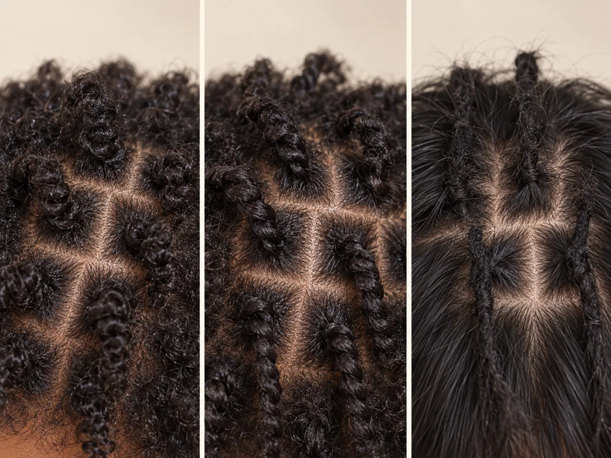 A three-panel close-up of freshly started locs made with comb coils, two-strand twists and interlocking.