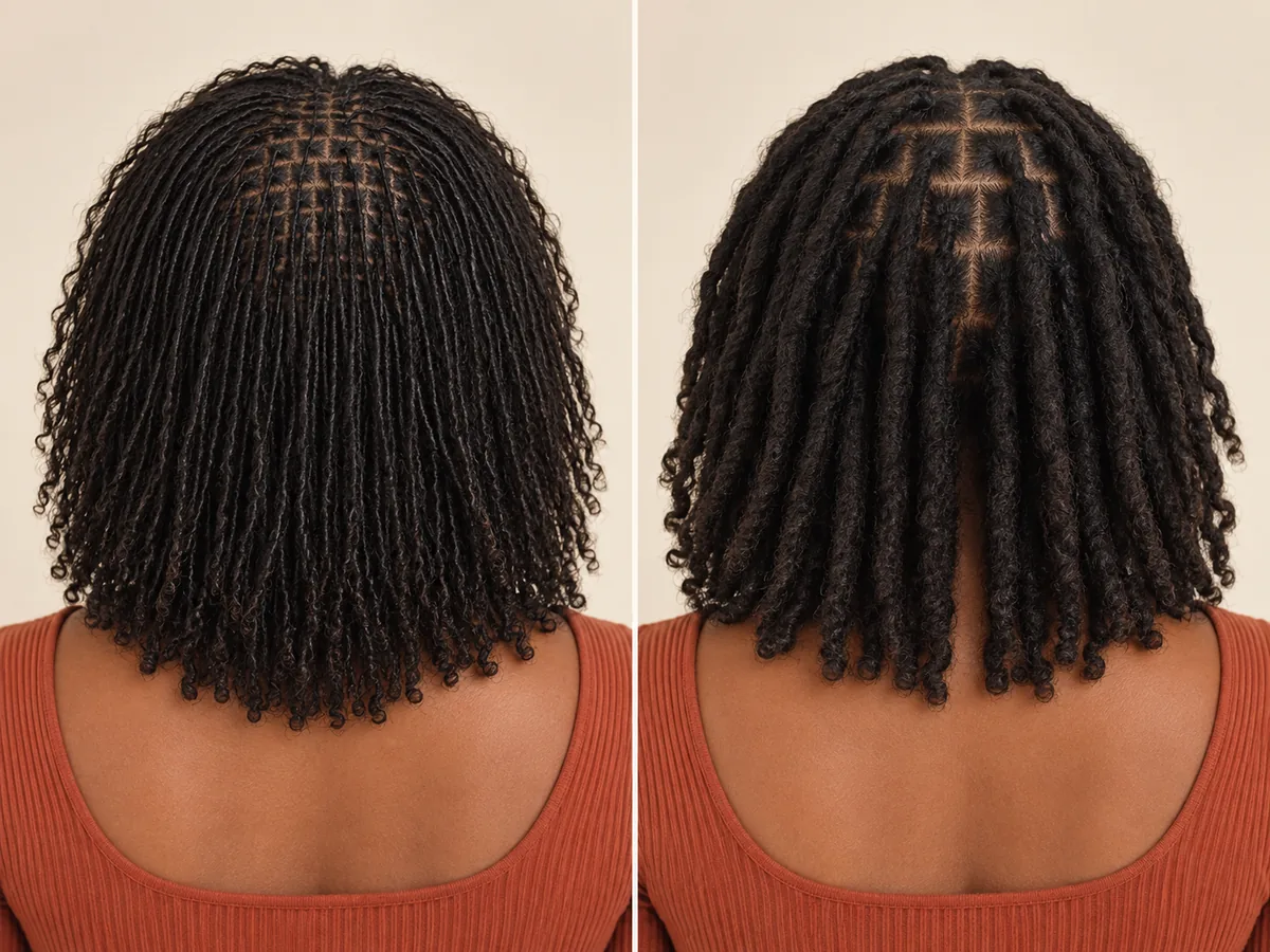 A two-panel close-up of the back of a head: a fine microloc parting grid beside larger square partings with medium locs.