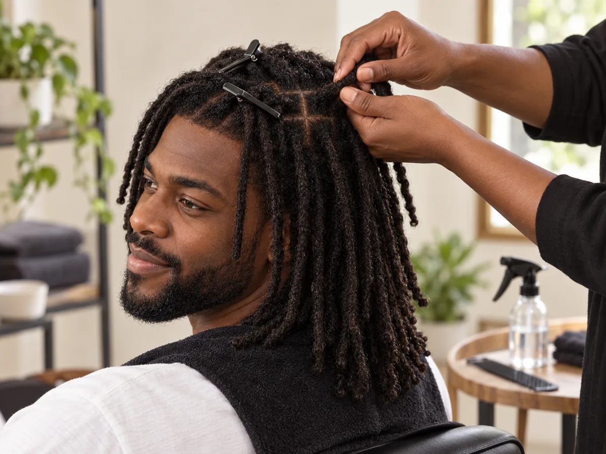 A loctician palm-rolls the new growth at the root of a client's loc, with clips holding the other locs aside.