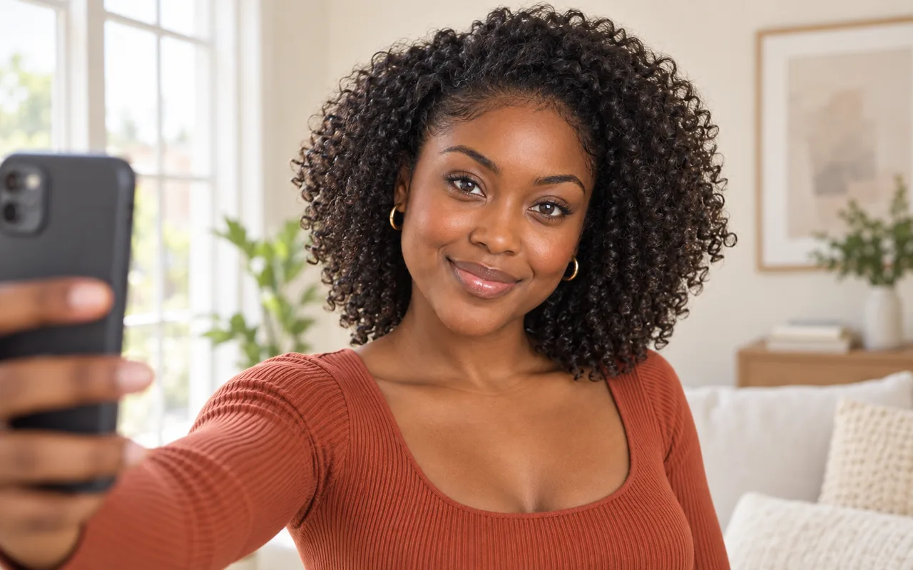 A woman with natural coily curls pushed back from her face takes a selfie beside a bright window.