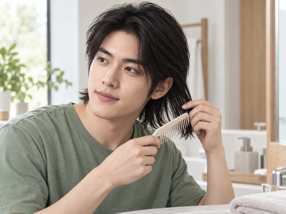 A man with long, collar-length hair detangles it with a wide-tooth comb in front of a bathroom mirror, working up from the ends.