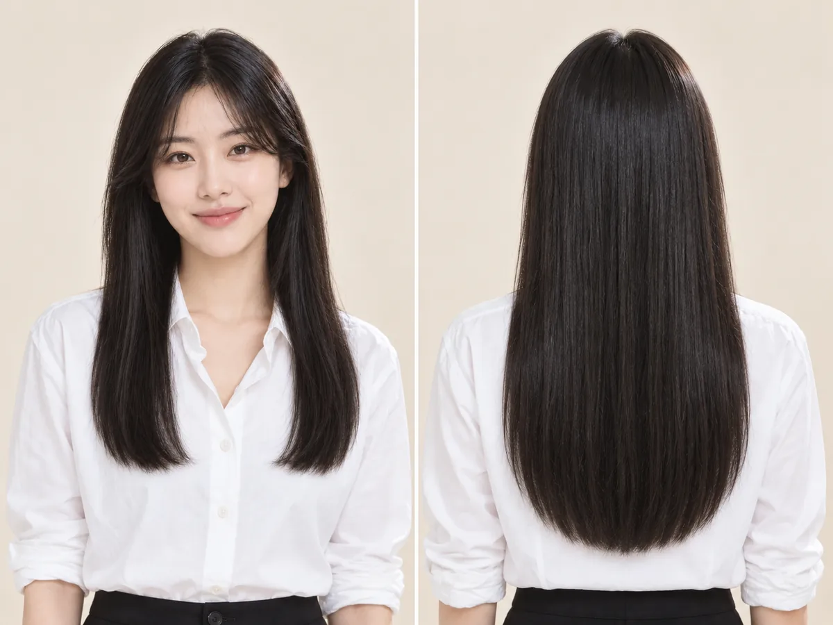 Two views of the same woman's long hair: from the front the ends rest on her chest; from the back they reach below her shoulder blades.
