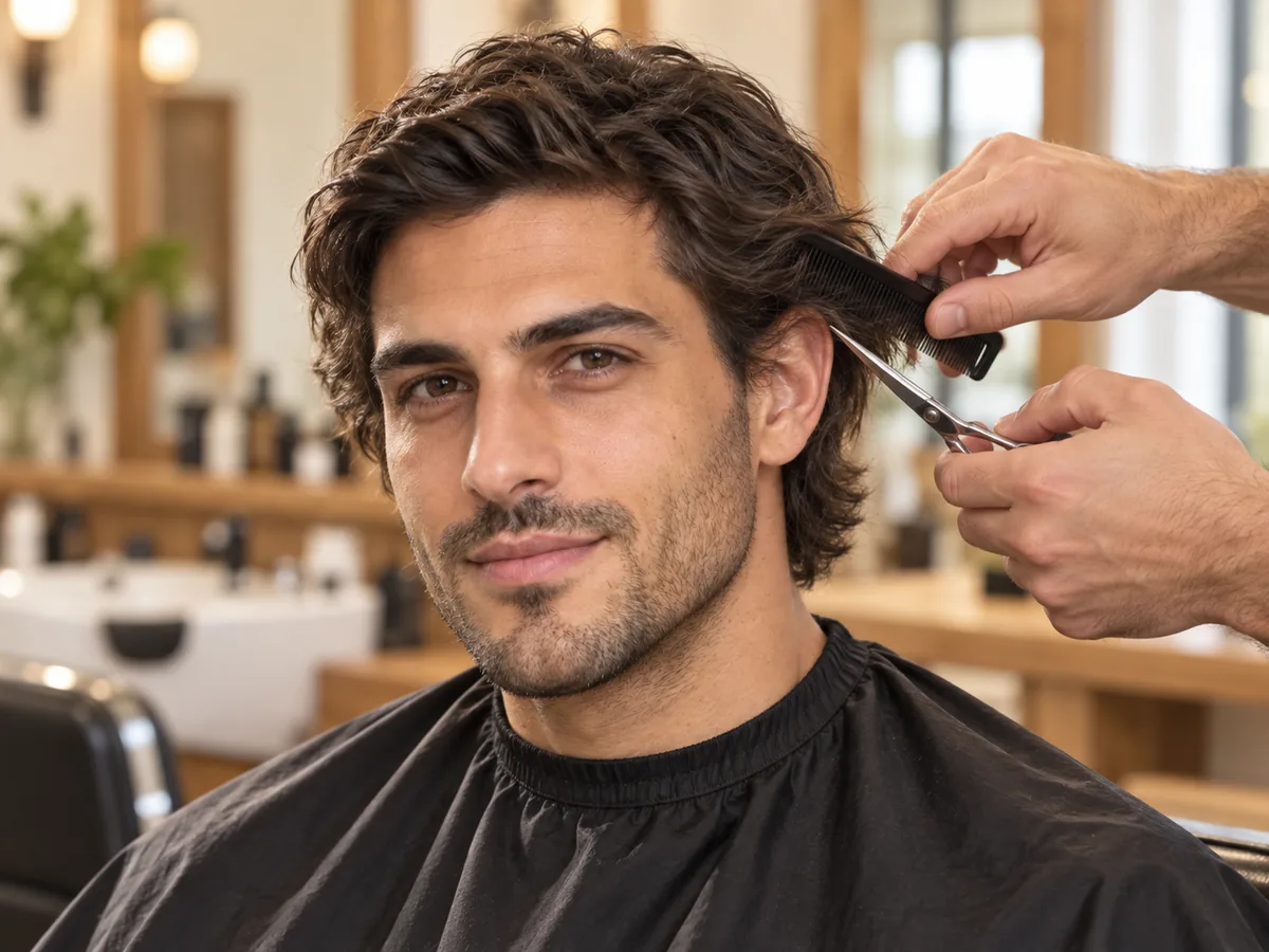 A barber trims carefully around the ear of a man whose hair is growing out to chin length.