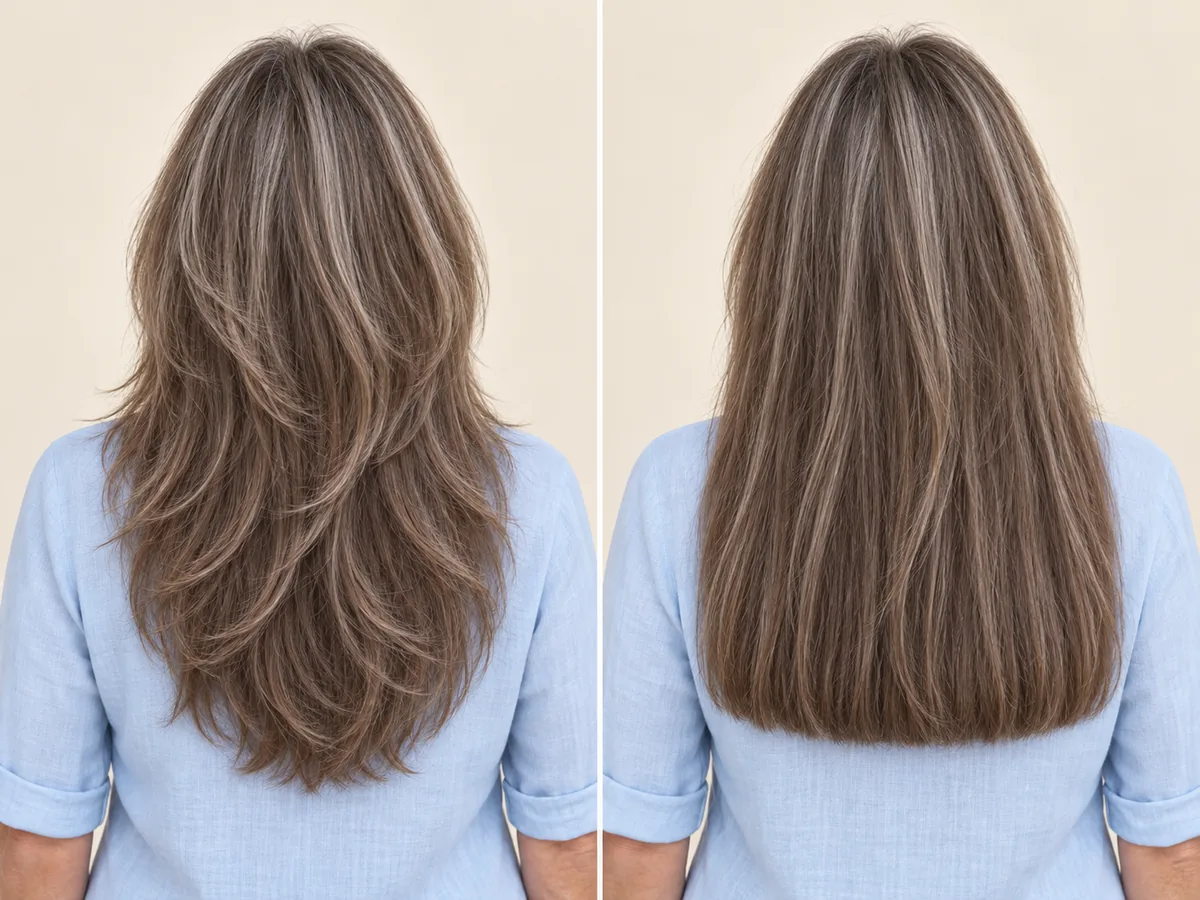 Side-by-side back views of long hair: soft, tapered layers on the left and a blunt one-length hemline on the right.