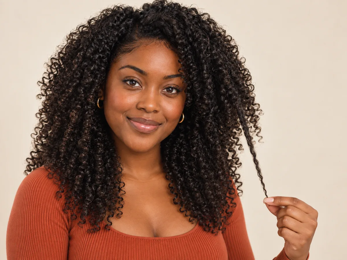 A woman with natural curls gently stretches one curl downward to show how much longer it is than the curls around it.
