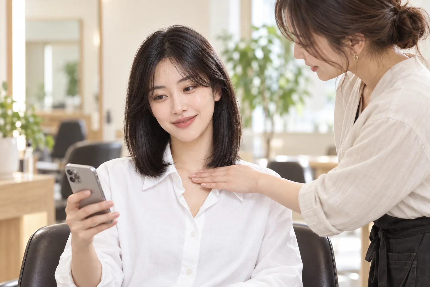 In a bright salon, a stylist rests her hand at the client's mid-chest to show where a longer length would fall, while the client holds a phone reference.