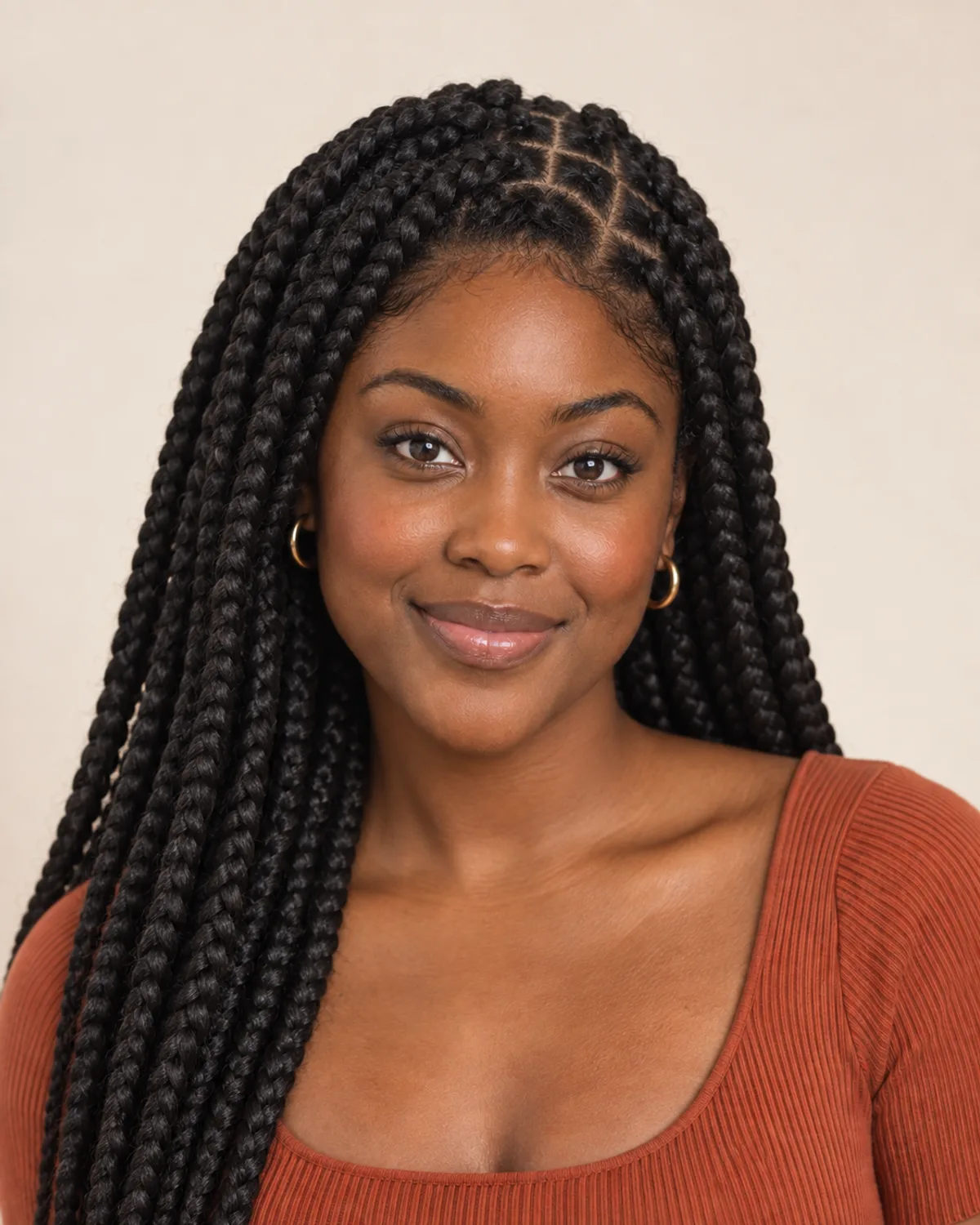 A woman with long box braids on neat square partings.