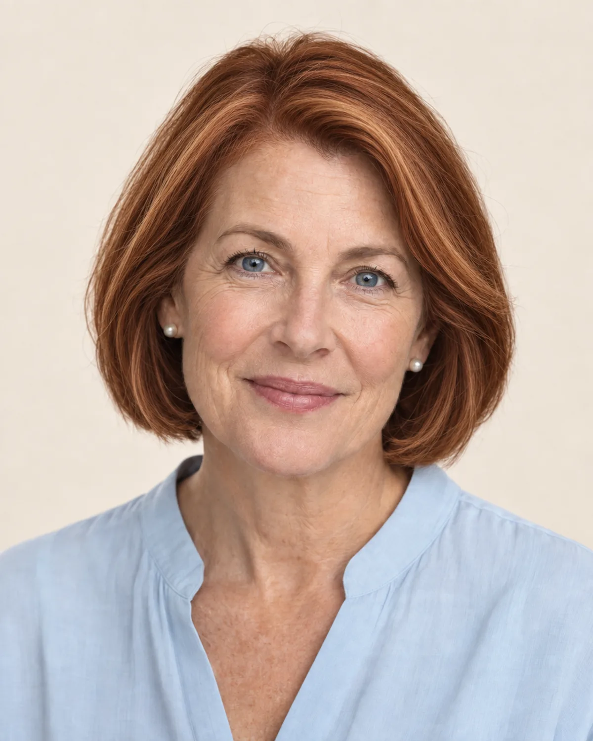 Grace's gray-streaked bob taken to a soft copper, the classic warm partner for blue eyes.