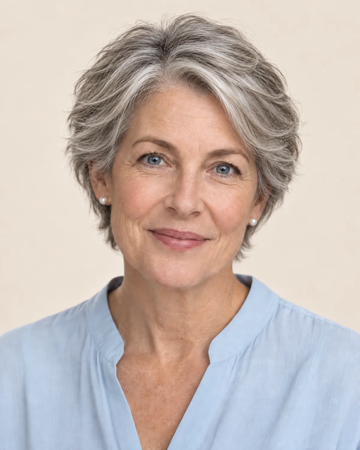A woman in her late 50s wearing a short, layered grey wig.