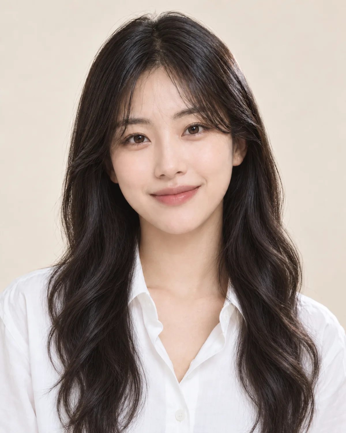 Long, softly waved black hair past the shoulders.