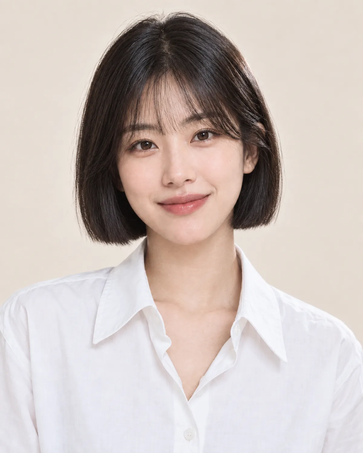 A woman with a straight black French bob and a light fringe.
