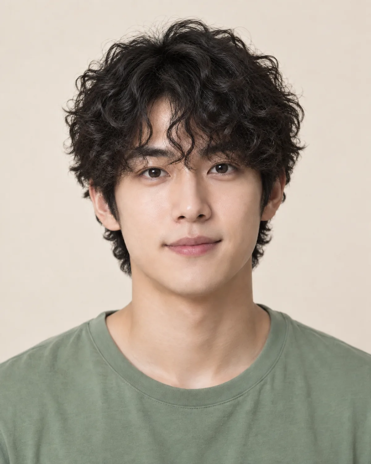 A man with a loose, curly top and curls falling onto his forehead.