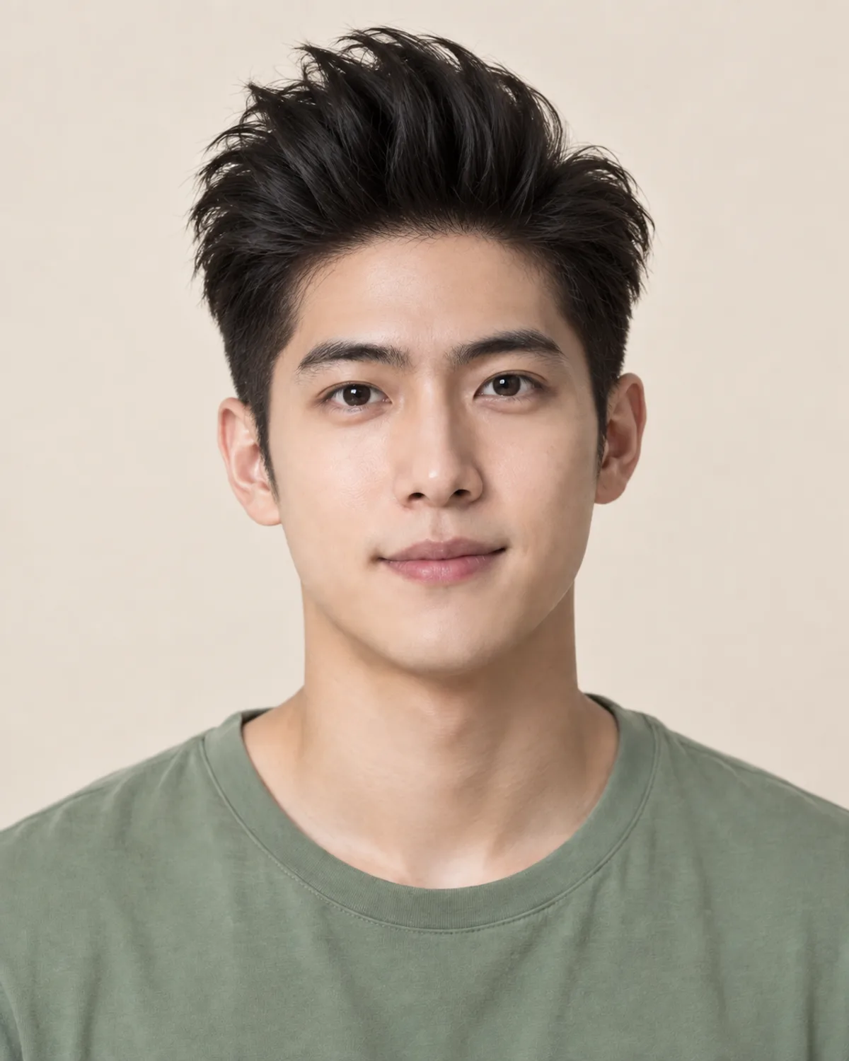 A man with straight black hair styled into a quiff.