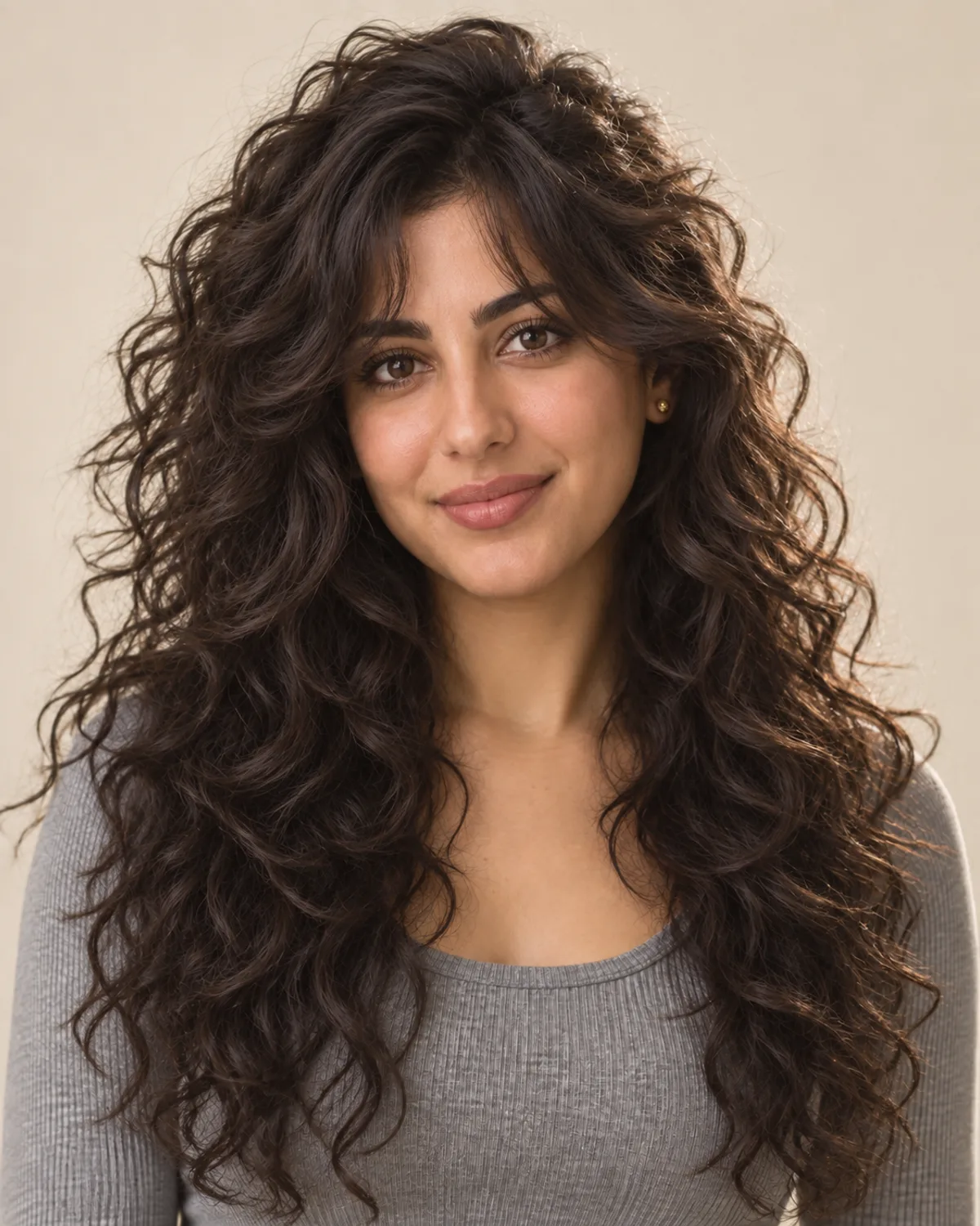 A woman with long, layered curly hair and wispy bangs.