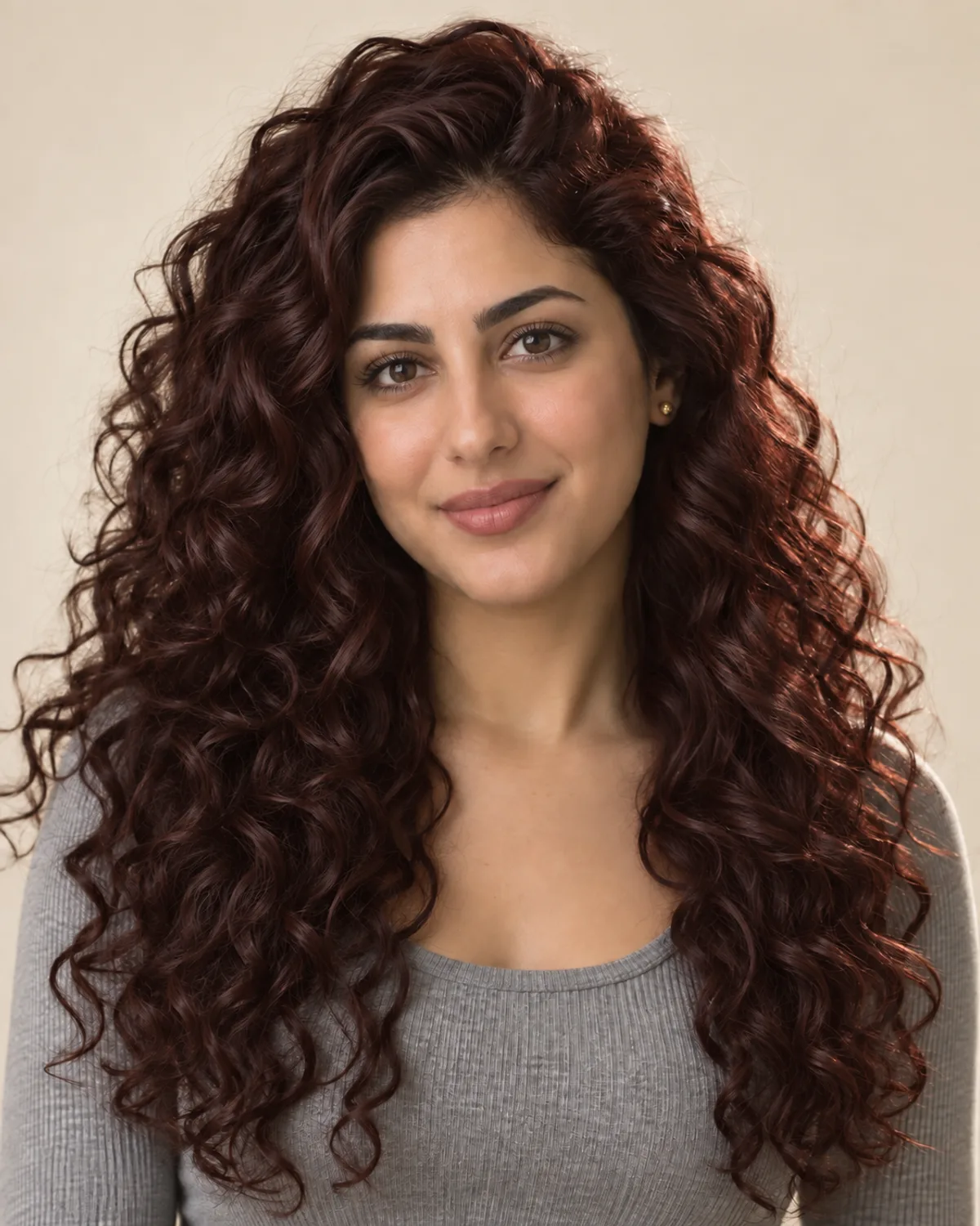 Long curly hair in a deep mahogany red.