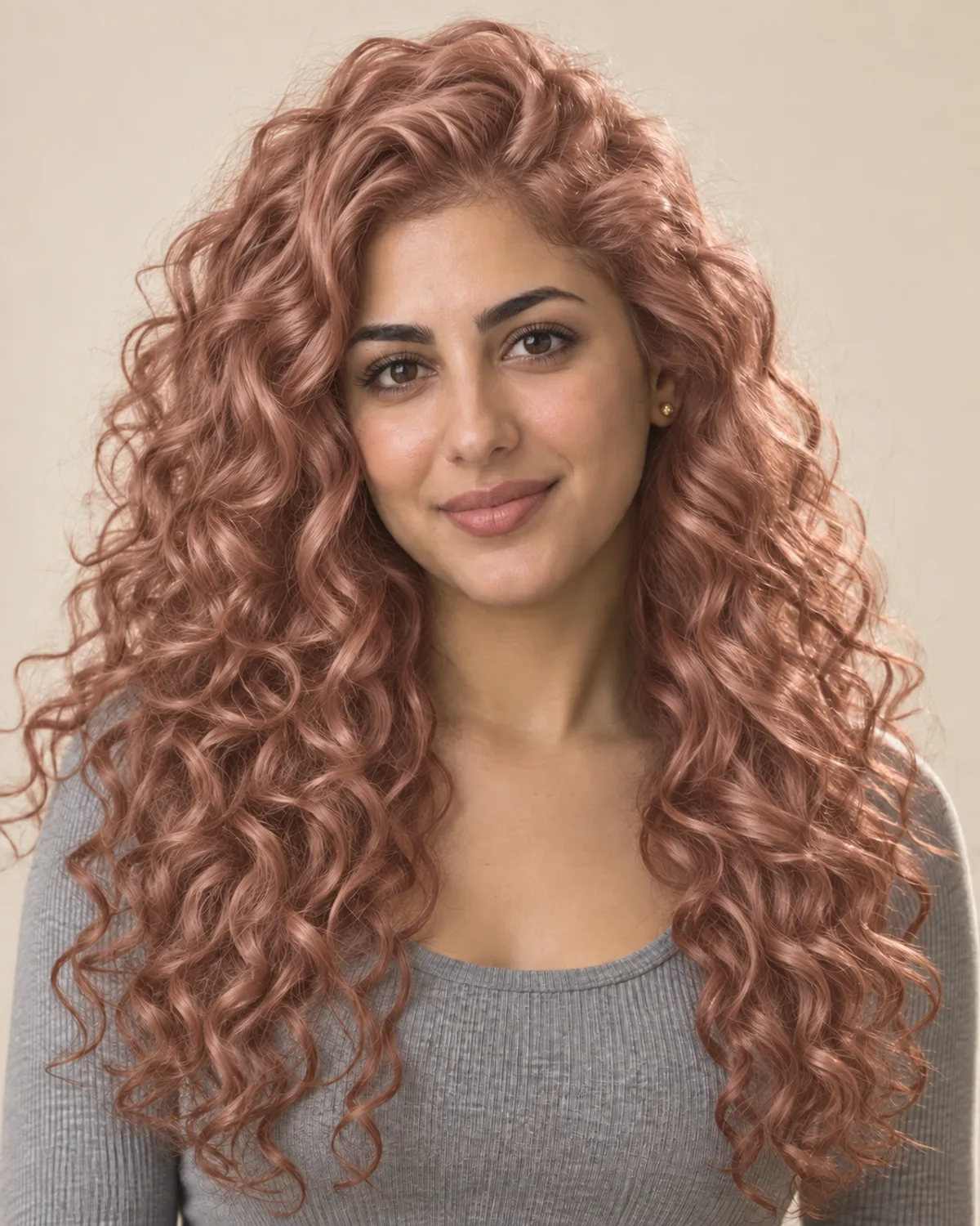 Layla's dark curls lifted and glazed rose gold — pink with a golden base.