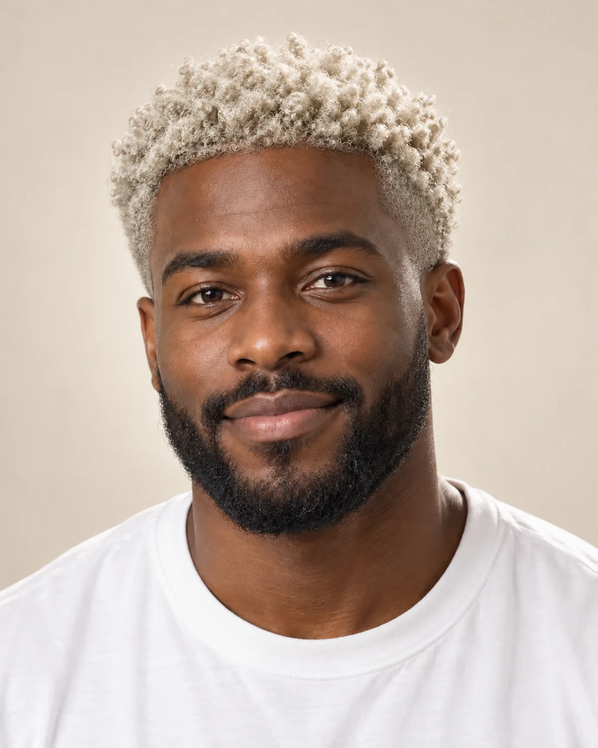 A man with short platinum-blonde coils and a dark beard.