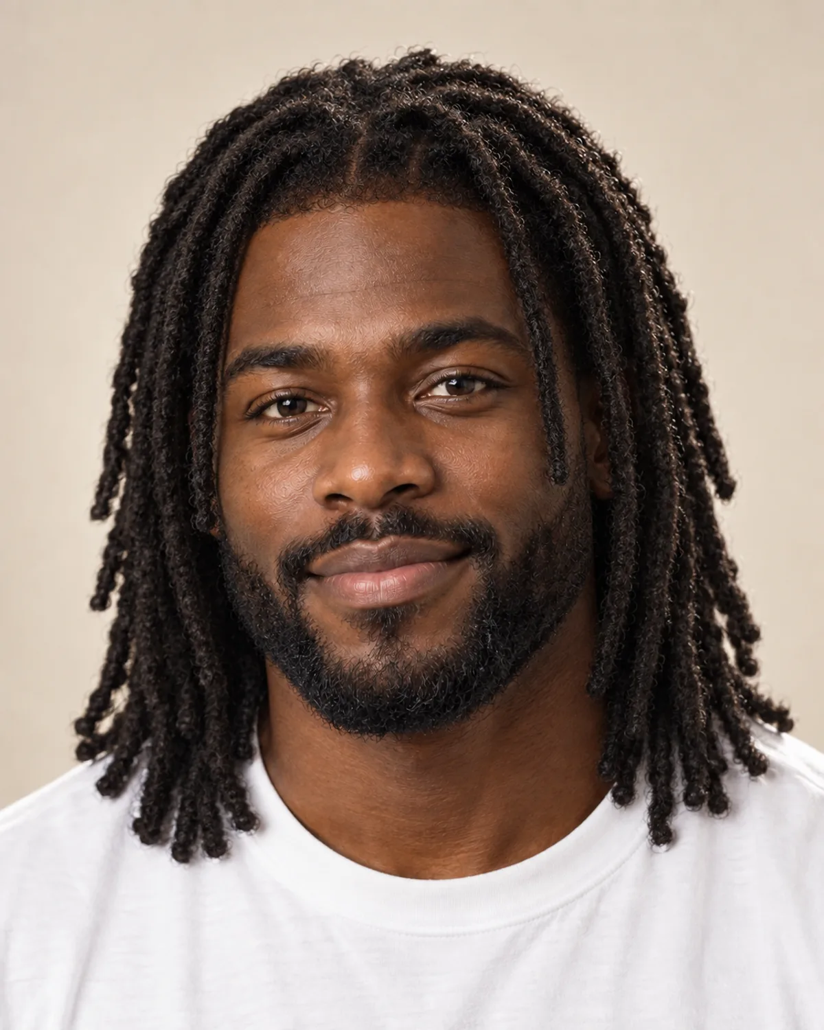 A man with shoulder-length locs and a short beard.