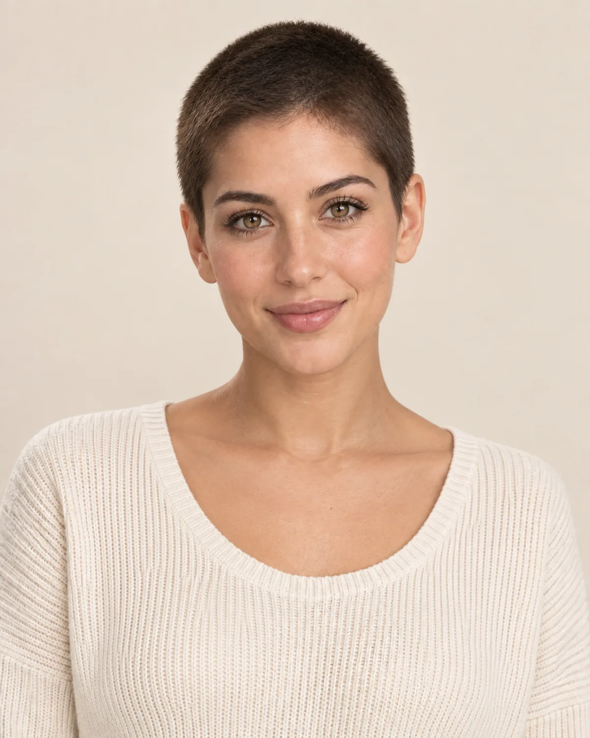 A woman with a very short, even buzz cut.
