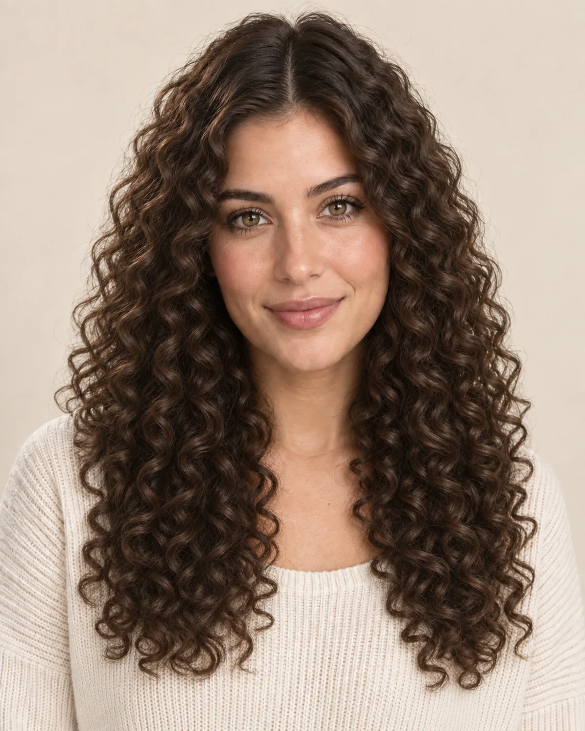 Long, defined spiral curls on dark brown hair.