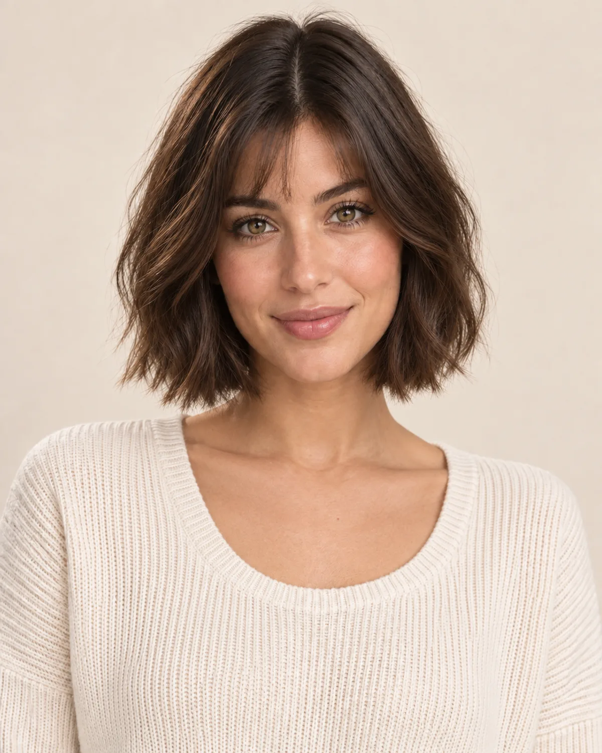 A chin-length French bob with tousled ends and wispy bangs.