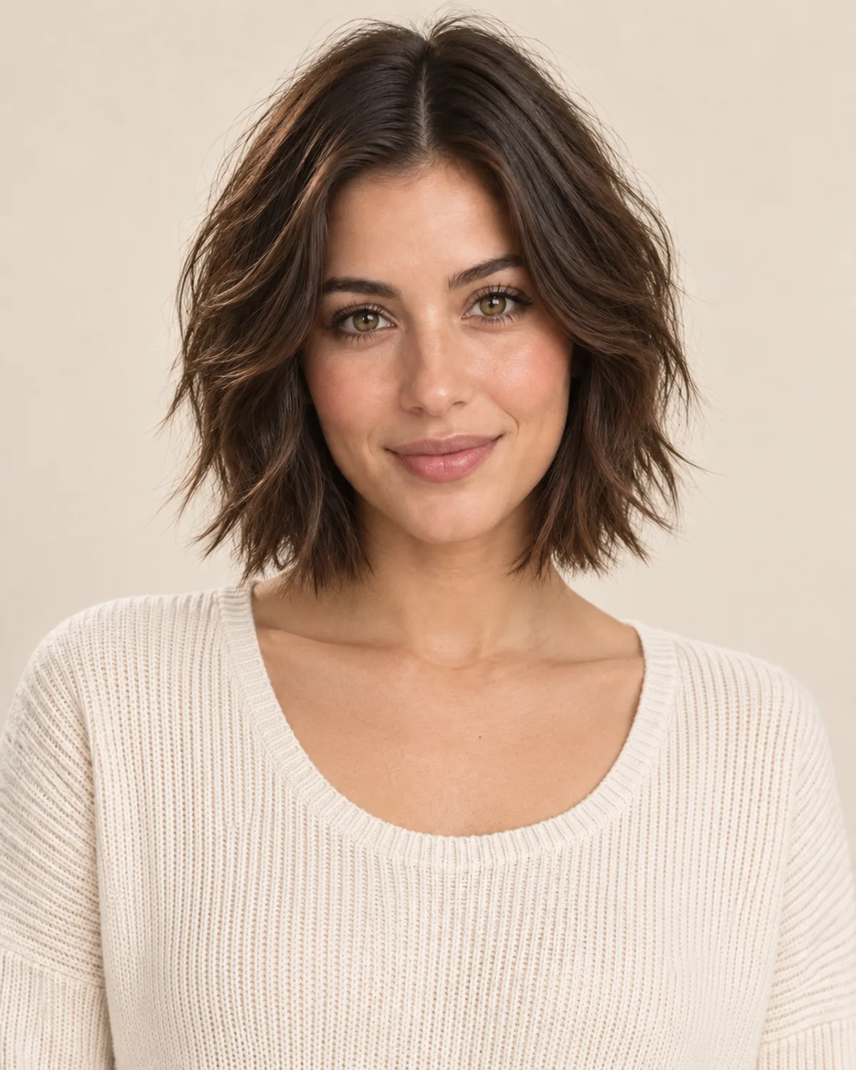 A woman with a layered, jaw-length shag.