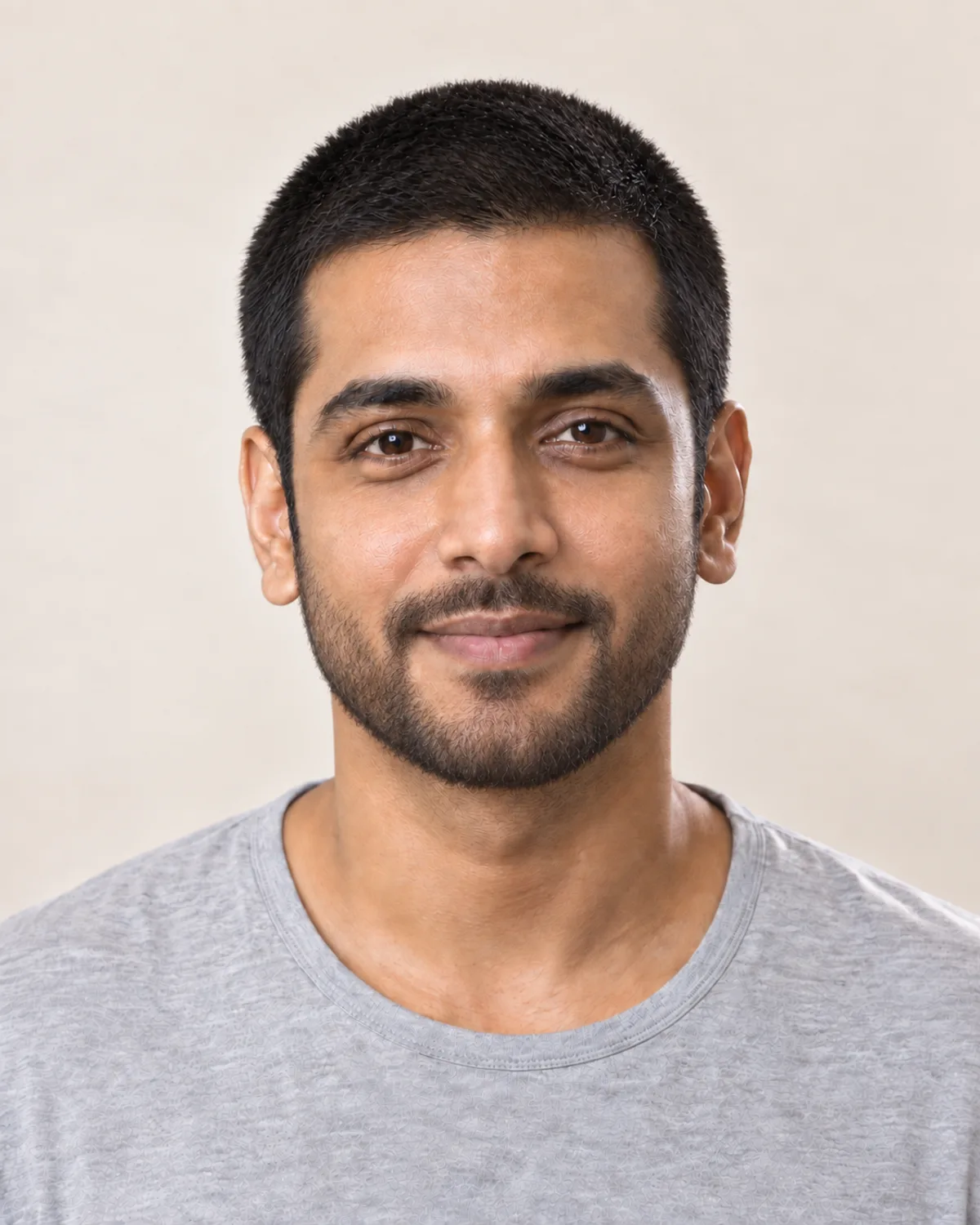 A man with a short buzz cut and a trimmed beard.