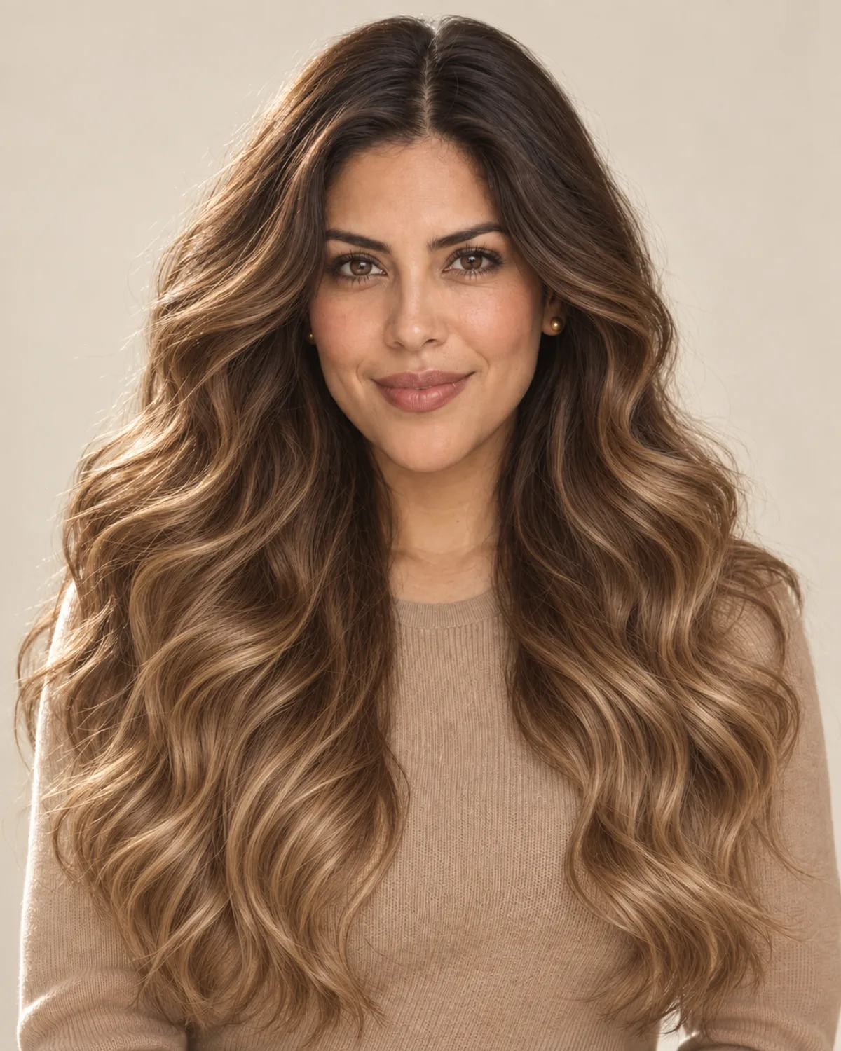 Long waves in a brown-to-caramel balayage.