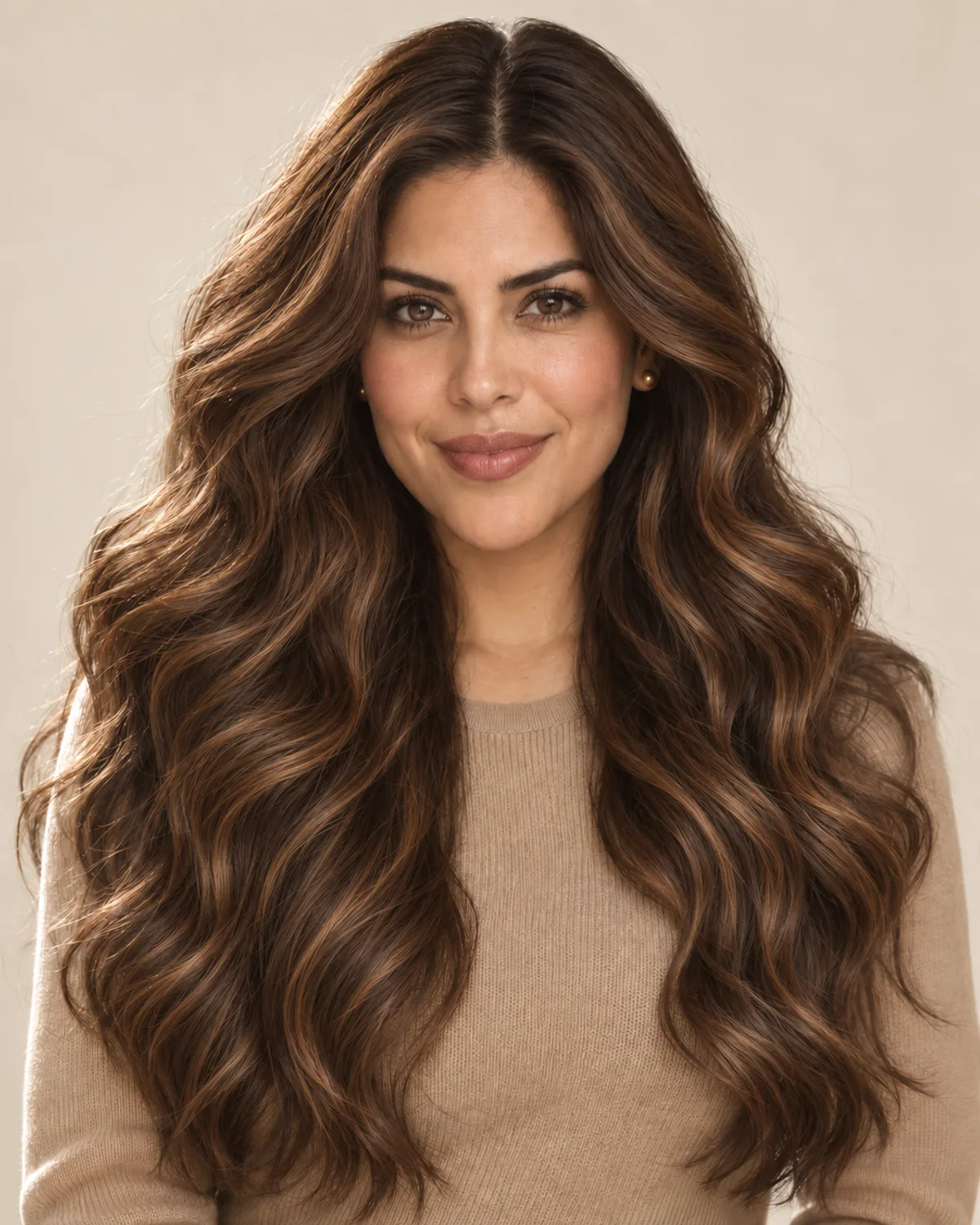 Sofia's dark brown waves with caramel highlights woven through — warmth around the face without coloring every strand.