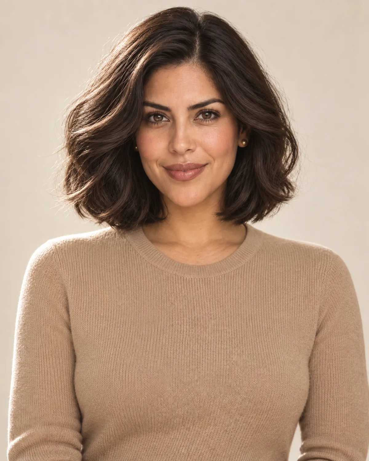 A woman with dark brown hair in a full, chin-length bob.