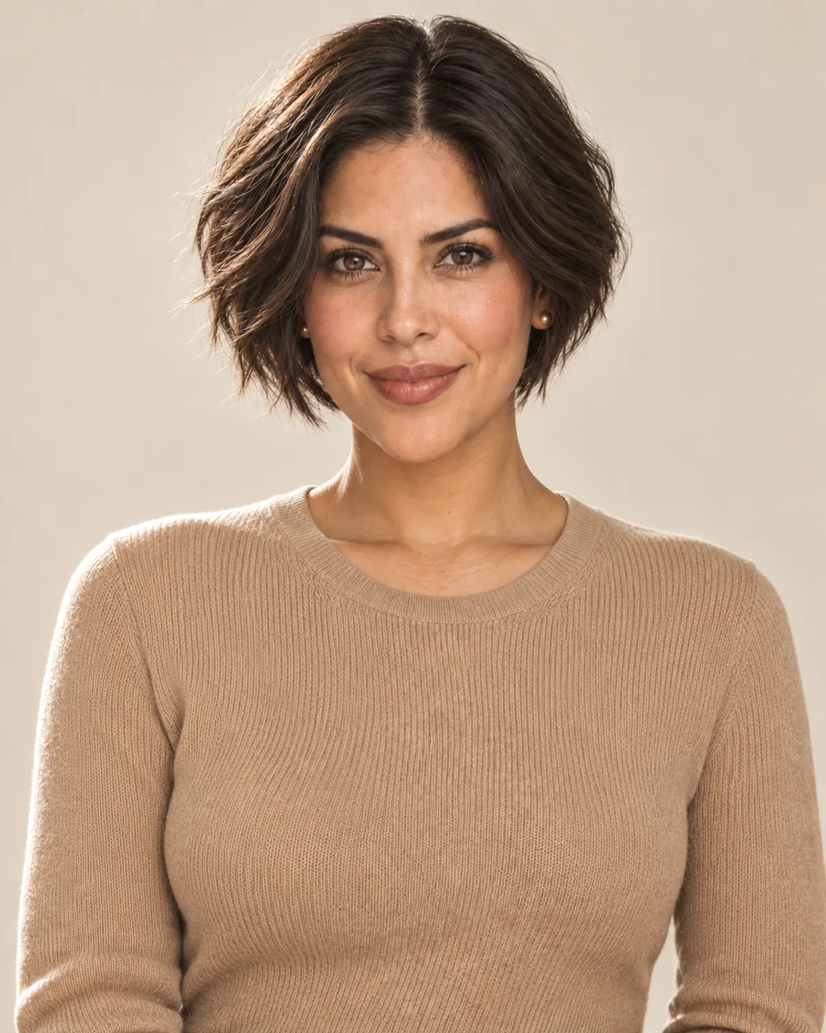 A woman with a textured, dark-brown pixie bob.