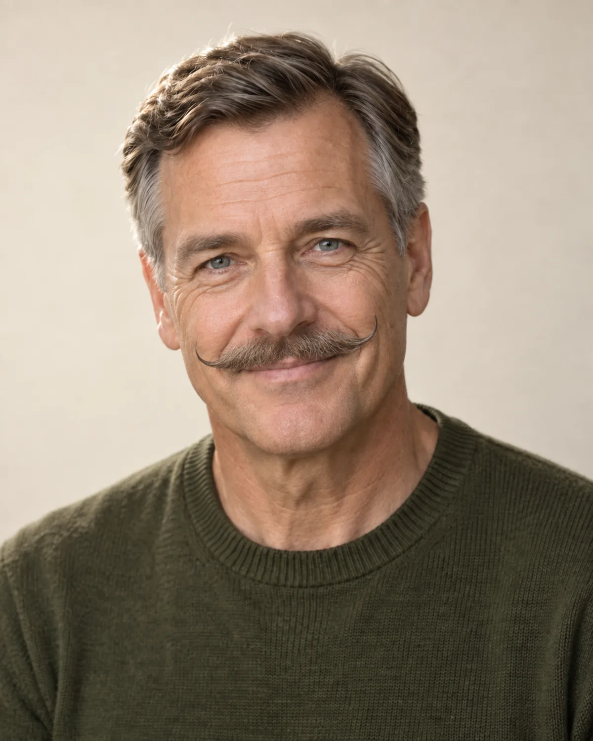 A man with graying brown hair and a curled handlebar mustache.