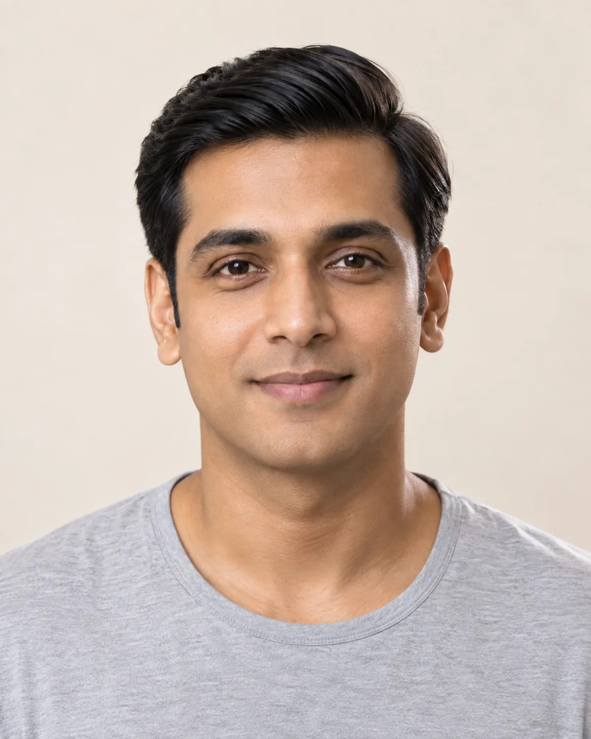 The showcase model, clean-shaven, with short, neat black hair.