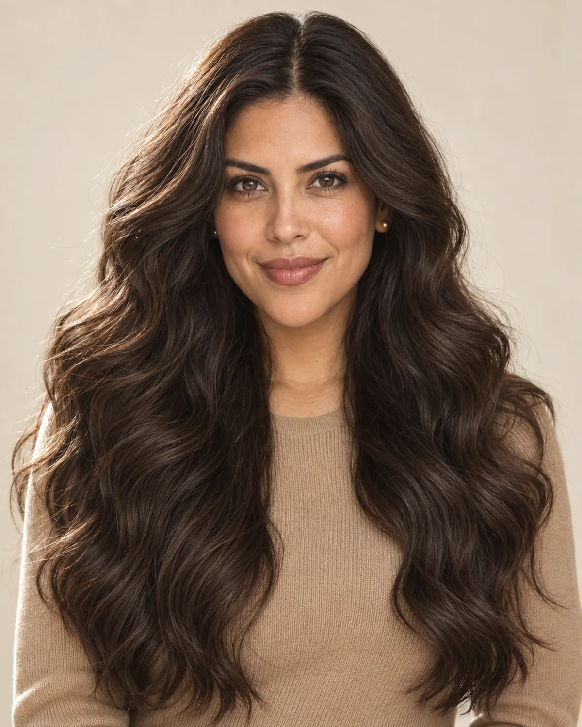 The showcase model with long, dark-brown waves before the bob preview.