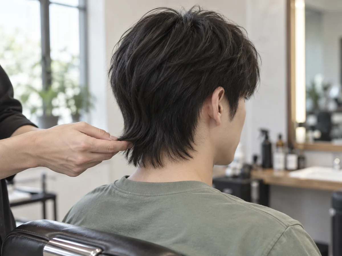 A barber lifts the longer hair at a young man's nape between two fingers, above short, neat sides.