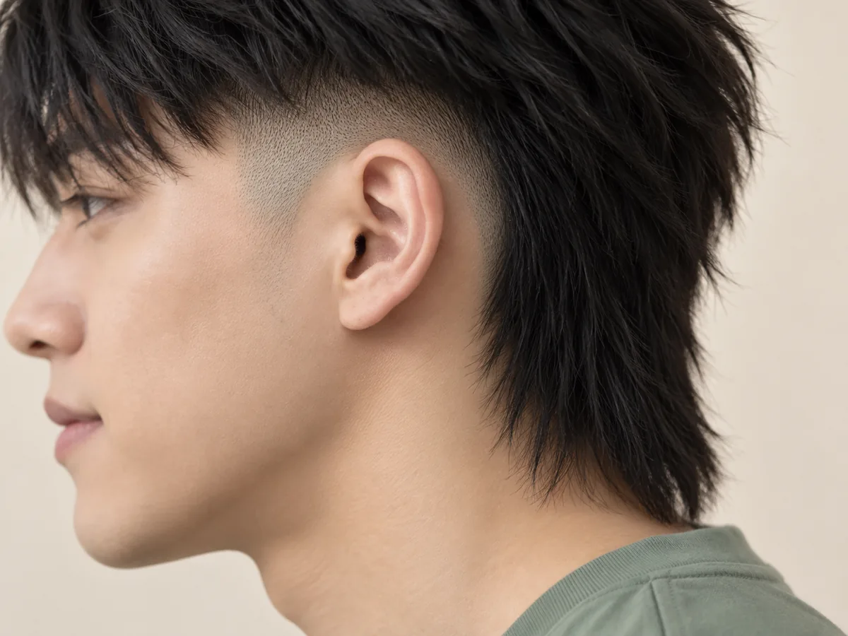 Side close-up of a burst fade curving around a man's ear and blending into longer hair at the back.