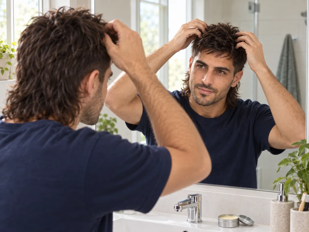 A man works a little matte paste into the textured top of his mullet at a bathroom mirror.