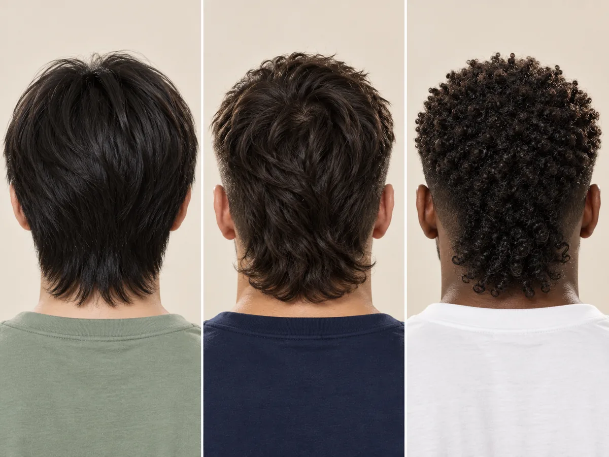 Three close-ups of mullets seen from behind, in straight, wavy and coily hair.