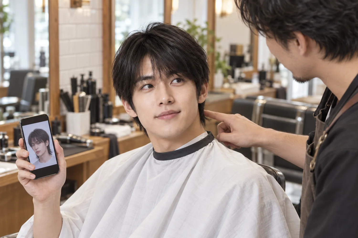 A young man in a barber's chair shows a mullet preview on his phone while the barber points to the back of his neck.
