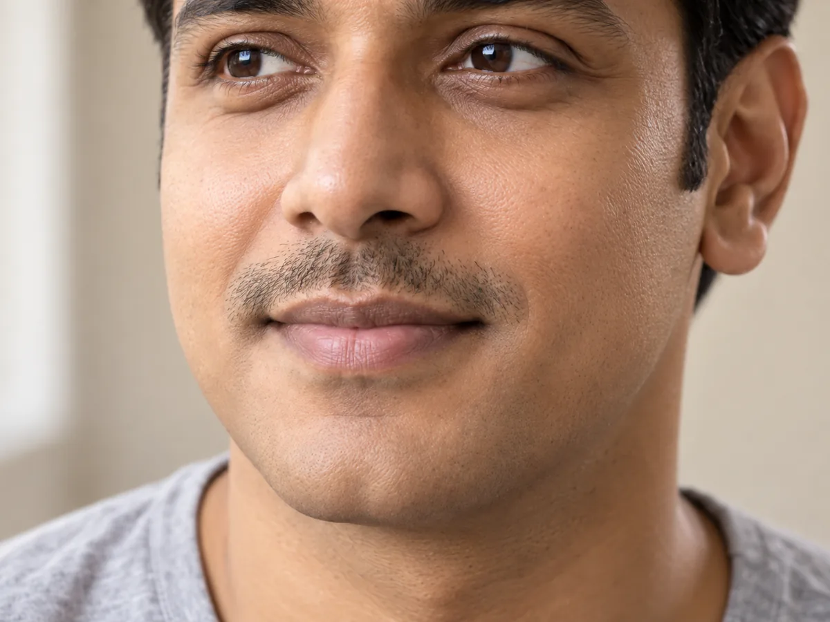 Close-up of a man's upper lip with about two weeks of real mustache growth, fuller in the center and lighter at the corners.