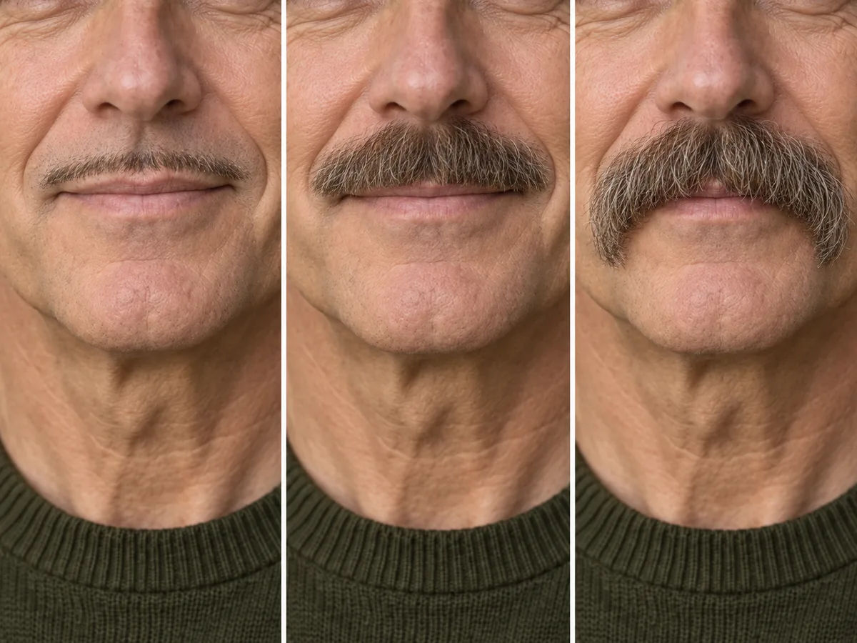 Three close-ups of the same man's upper lip: a thin pencil line, a chevron trimmed at the lip line and a walrus draping over the lip.