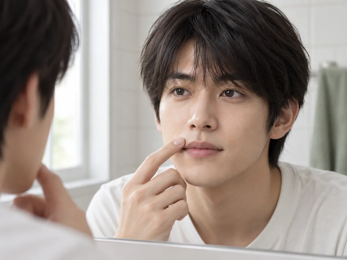 A clean-shaven man looks into a bathroom mirror and touches the space between his nose and upper lip with a fingertip.
