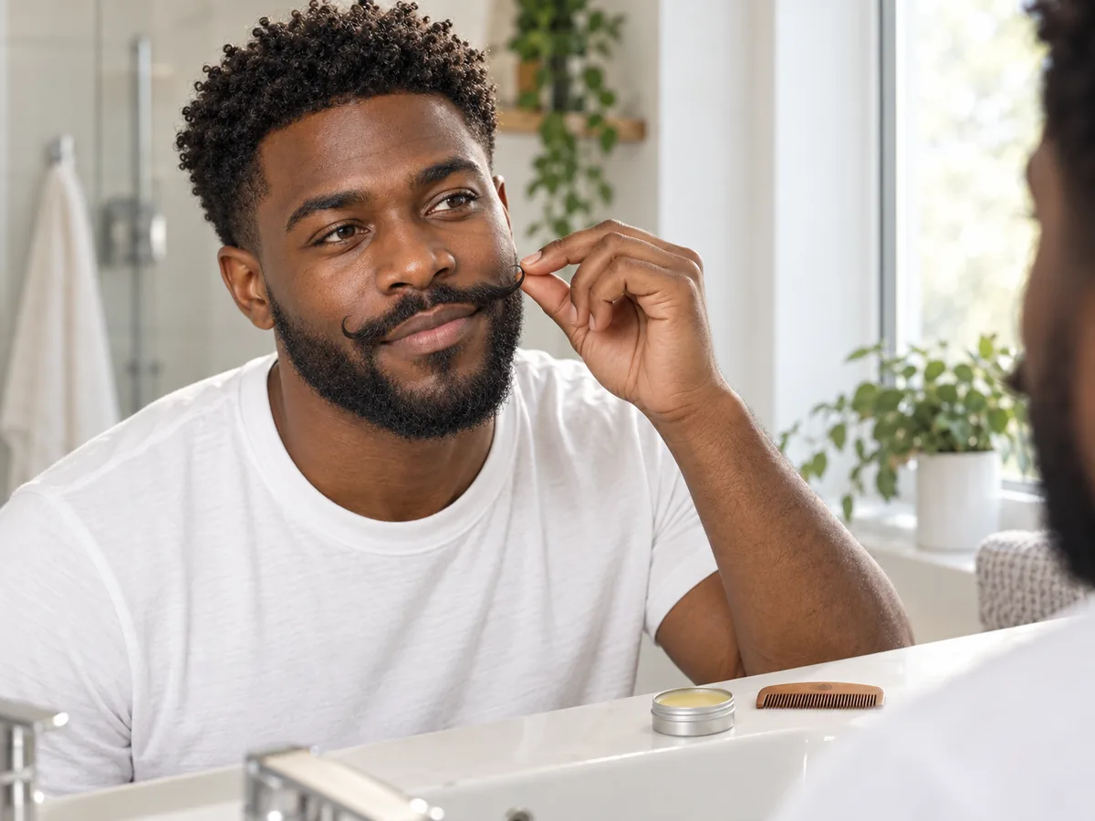 A man with a short beard twists the tips of his handlebar mustache with wax at a bathroom mirror, a small tin of wax and a mustache comb beside the sink.