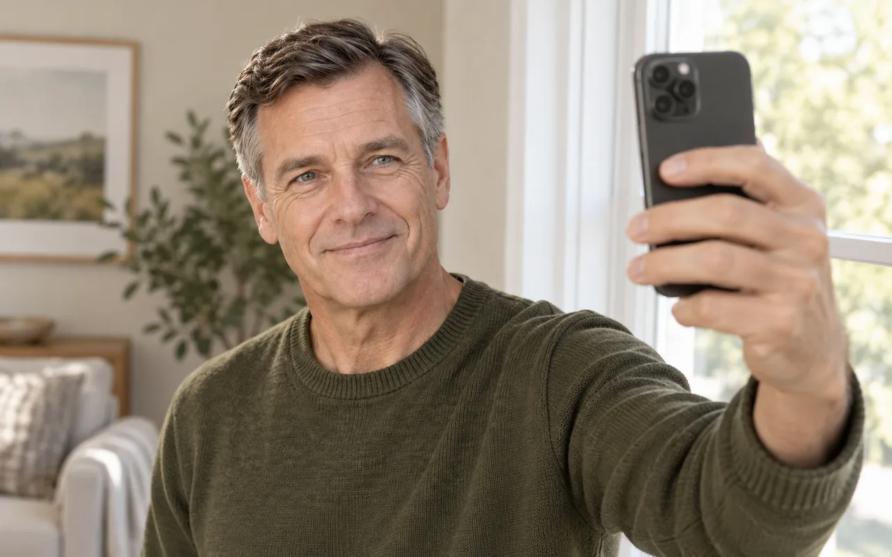 A clean-shaven man in his early 60s takes a selfie beside a bright window, his face to the light and his mouth relaxed.