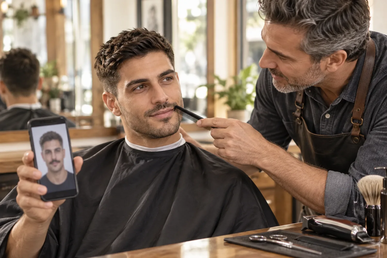 A man in a barber's chair shows a mustache preview on his phone while the barber points to his upper lip.