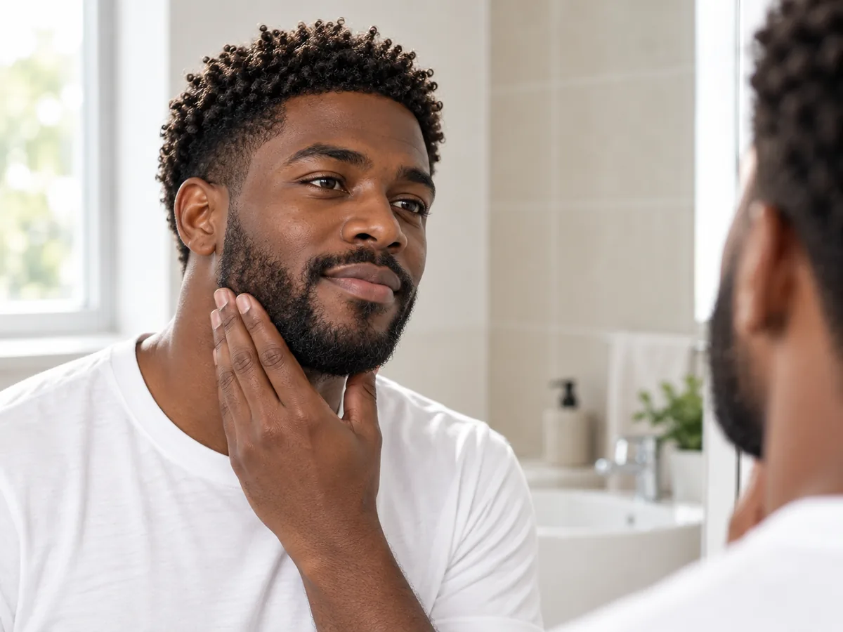 A bearded man at a bathroom mirror presses his short beard flat with his fingers to feel the jawline underneath.