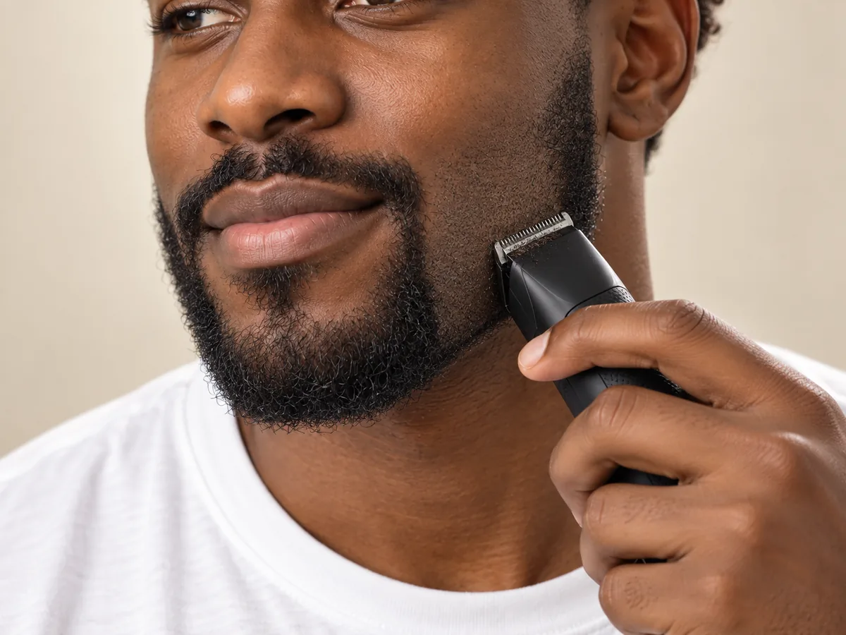 Close-up of a man trimming his coily beard down to a short, even shadow with a cordless trimmer.